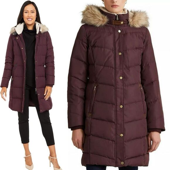 Ralph Lauren women's Faux-Fur-Trim Hooded Down Puffer Coat Burgundy Plus Size 3X - Picture 1 of 16